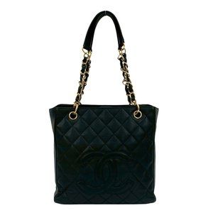 CHANEL Vintage PST Coco Mark Caviar Leather Chain Tote Bag, Black, 45218